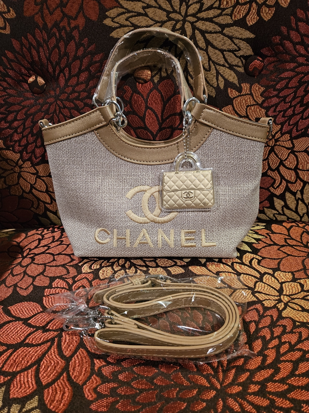 Beige Woven Tote with Gold Charm 1 Left - Picture 2 of 5